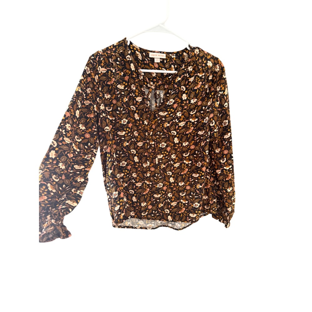 Knox Rose Brown Floral Long Sleeve Boho Blouse XS Split Neck Ruffle Cuff Earthy
